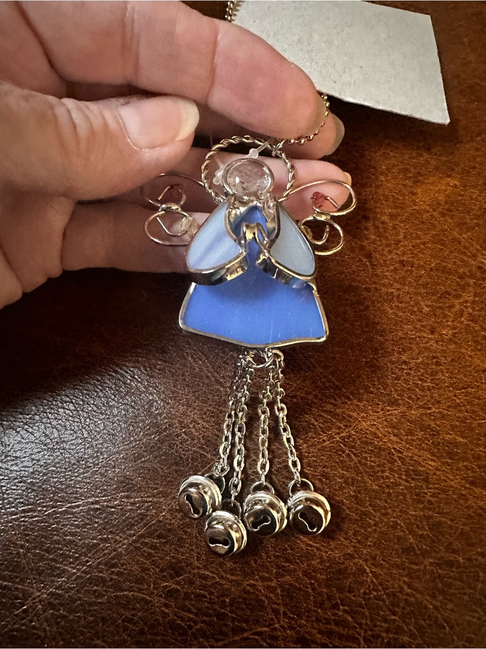 Angel blue Stained Glass hanging charm with Silver Bells